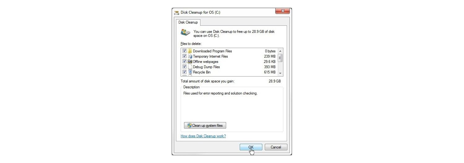 Windows 7 Disk Cleanup for OS pop-up window